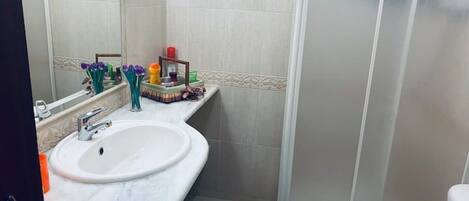 A bathroom with a white sink, a mirror, and a shower area.