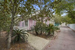 A pink house with a paved pathway and palm trees.