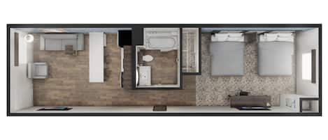 Habitación de hotel moderna con suelo de madera, cama grande, baño independiente, una pequeña zona de estar y un escritorio.