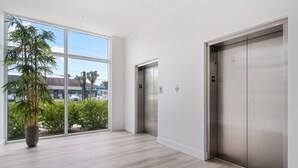 Ein moderner Aufzugsbereich mit einem großen Fenster, einer Topfpflanze und einem hellen, freundlichen Boden.