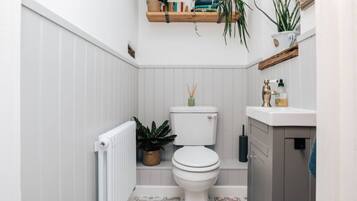 A compact bathroom with a white toilet, a radiator, a sink with toiletries, and shelves with plants and books.