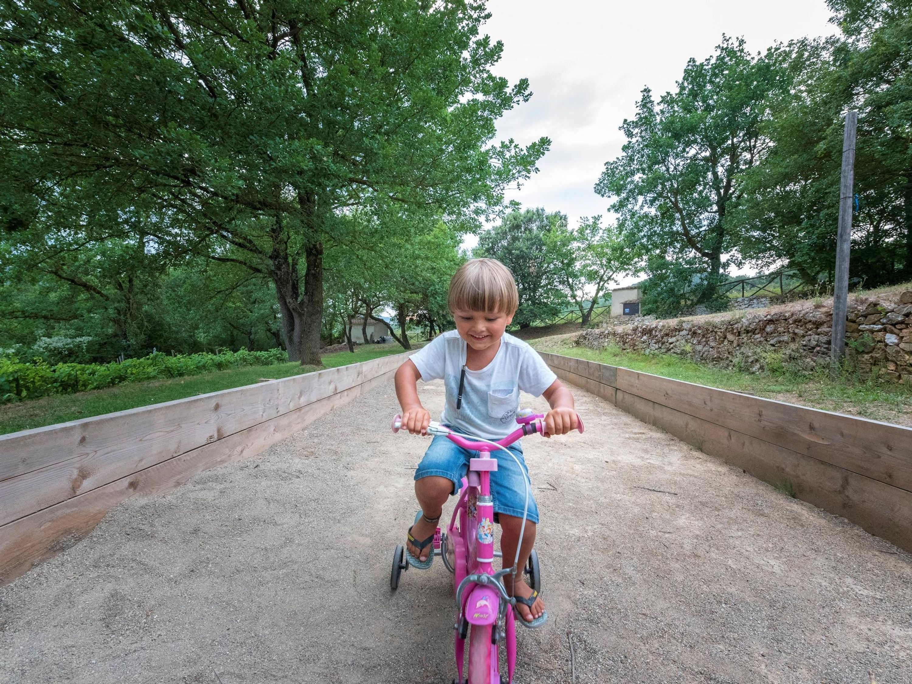 Un enfant fait du tricycle rose sur un chemin de gravier, entouré d’arbres et bordé d’un mur de pierres.
