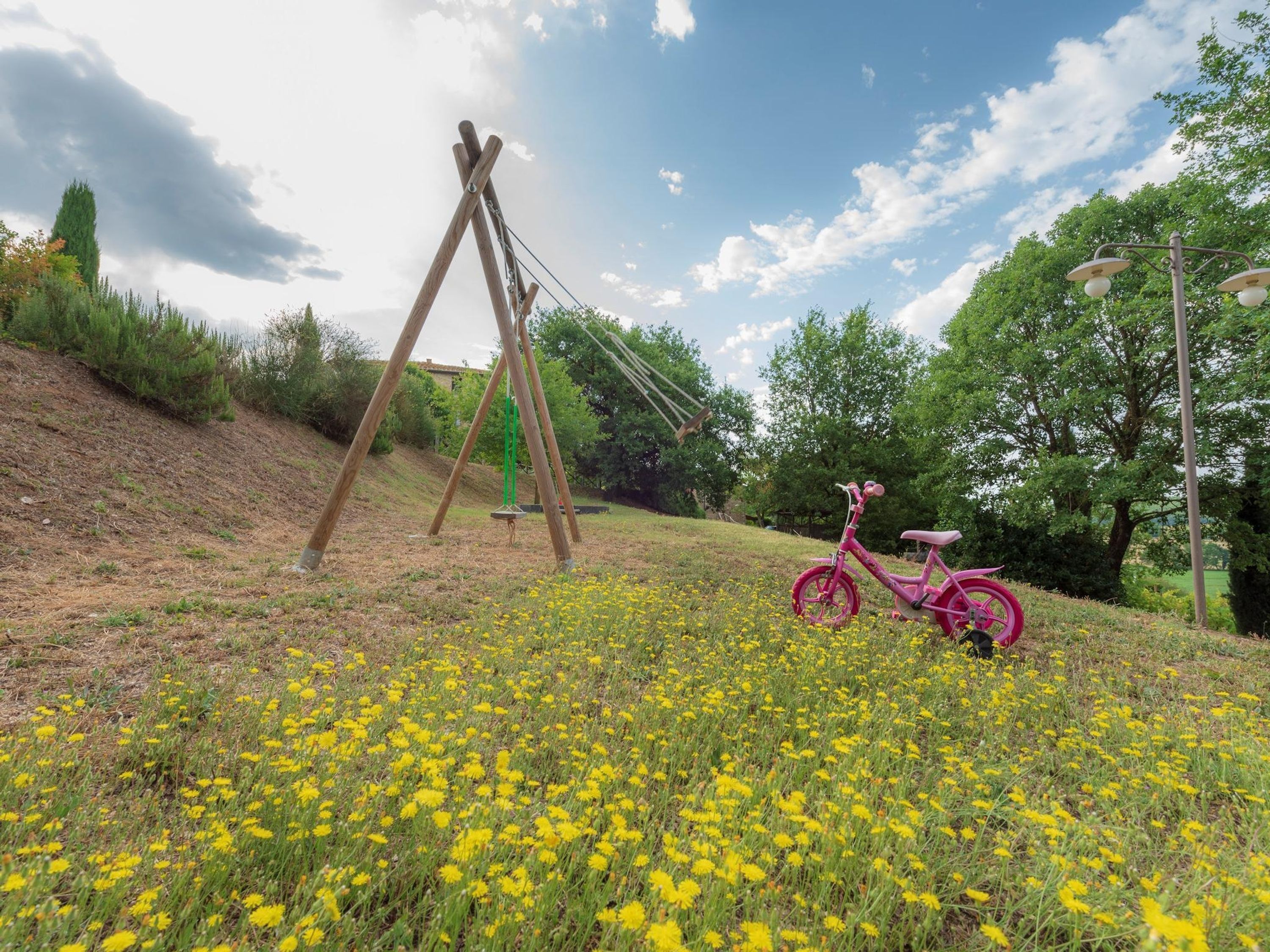 Un parc avec une balançoire et un vélo rose.