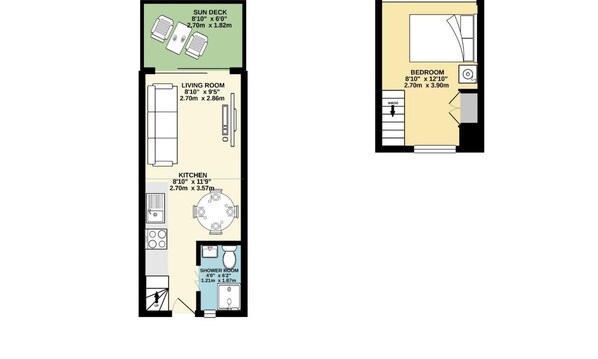 A floor plan of a house with a living room, kitchen, bathroom, and a sun deck. - On the Water -waterside Studio With Terrace Overlooking the Harbour (Brighton)