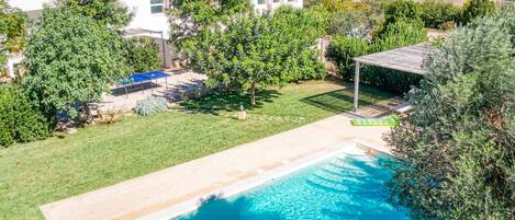 Una piscina con acqua cristallina, circondata da un prato curato e alberi.