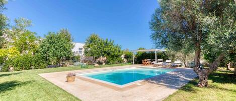 A rectangular swimming pool with a tiled deck, surrounded by well-maintained grass and trees.