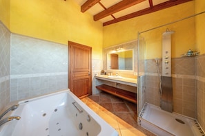 Hair dryer, bidet, towels, soap