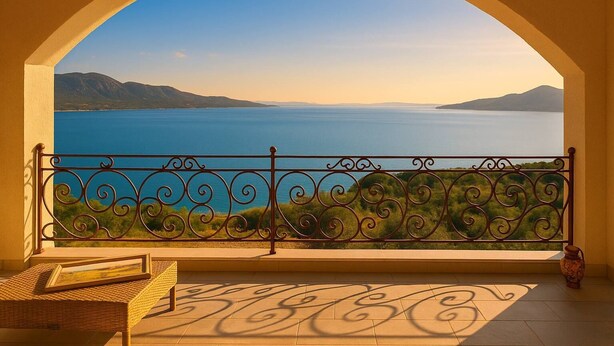 A balcony with a wrought iron railing, a wicker chair, a small table, and a view of a large body of water with mountains in the distance. - Filistron Seaview Bliss - Coastal Charm Hideaway (Taktikoupoli)