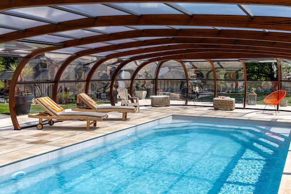 Indoor pool, outdoor pool, sun loungers