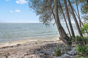 A rocky shoreline with trees and calm water. - Waterfront Lake Michigan Tranquility Bay Getaway (Sister Bay)