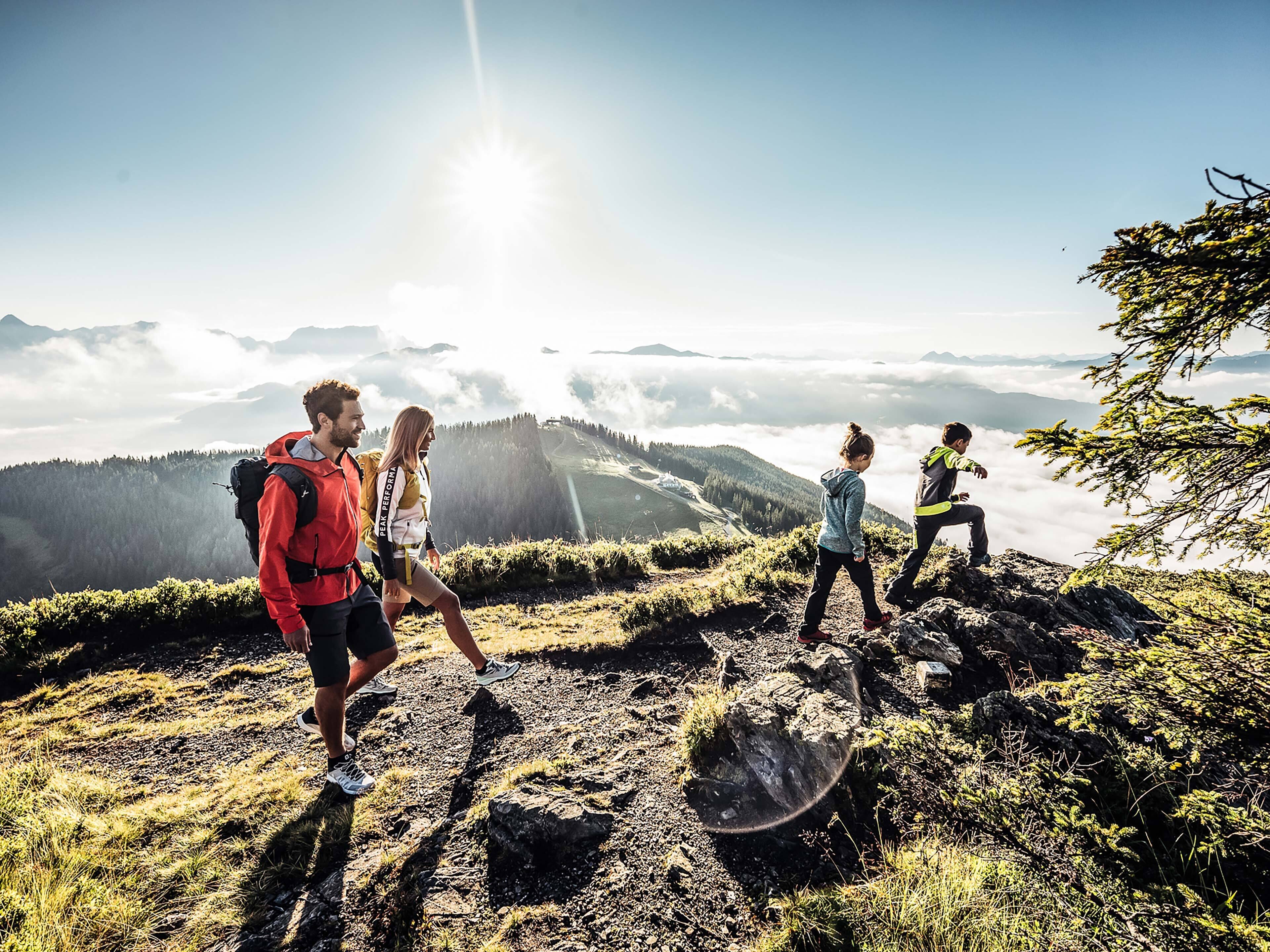 Eine Gruppe Wanderer auf einem Bergpfad bei blauem Himmel und Sonnenschein.