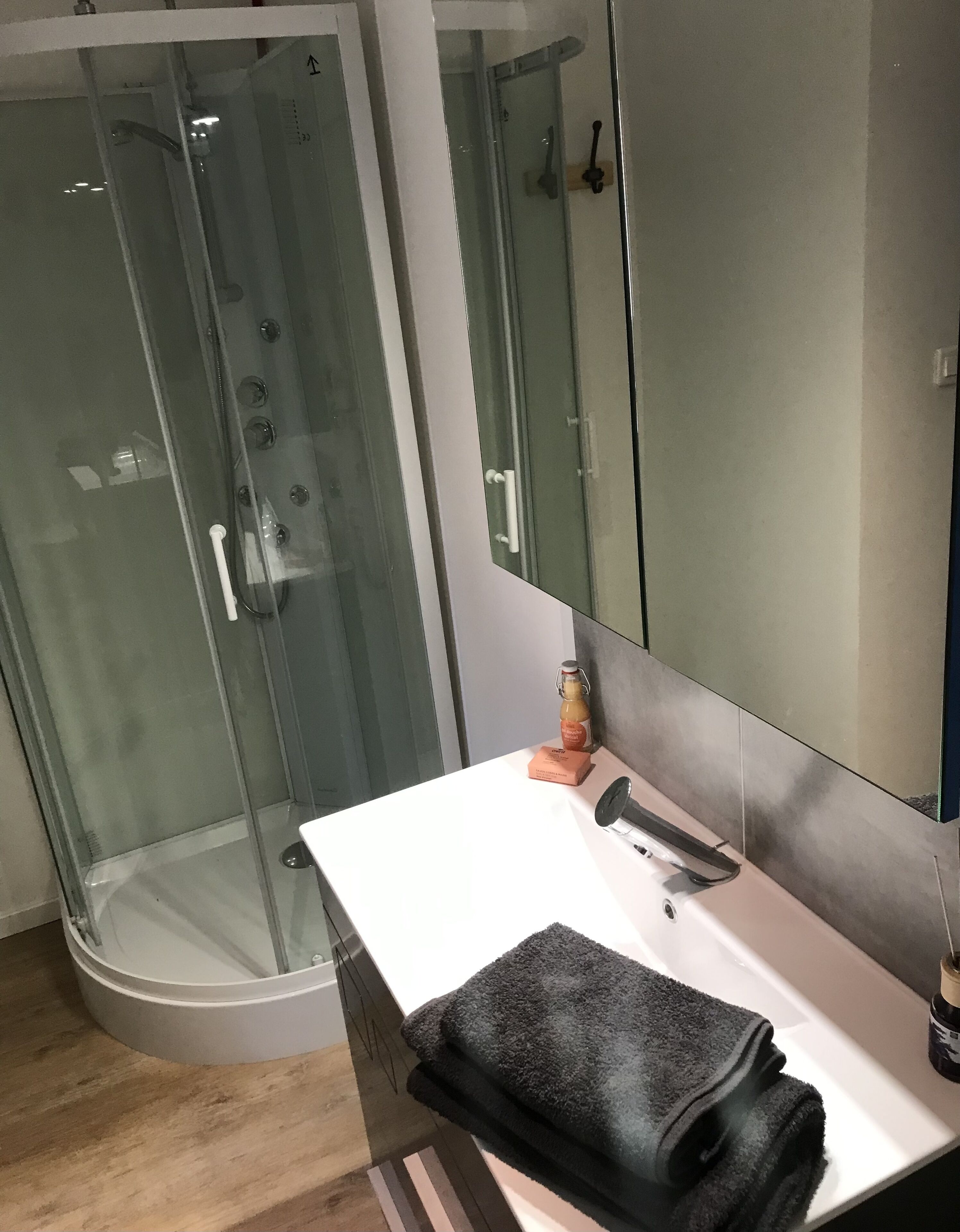 Douche, sèche-cheveux, serviettes fournies, savon