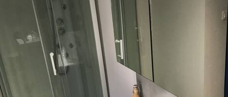 Ein modernes Badezimmer mit einer Duschkabine aus Glas, einem weißen Waschbecken, einem Handtuch und einer Shampoo-Flasche.