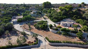 A stone-walled property with a winding road, a small building with a red roof, and surrounding greenery. - Villa Agapanto - Trullo Agap con Vista Mare e Giardino Privato (Tricase)