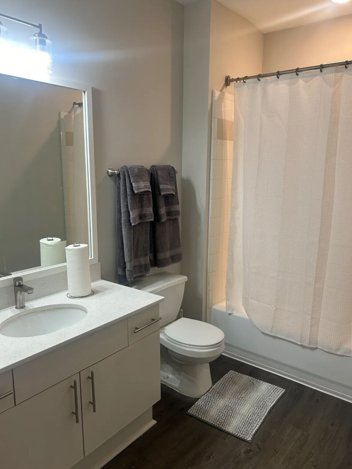 Hair dryer, towels, soap, toilet paper