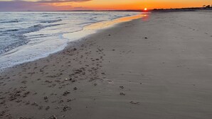 Une plage parsemée d’empreintes et baignée par les vagues, un coucher de soleil en arrière-plan et un horizon lointain.
