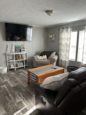 Smart-TV, peis, DVD-spiller og bøker