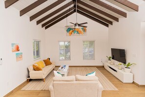 Una Smart TV, una chimenea, libros