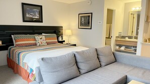 Camera d'albergo con un letto, un divano grigio, un comodino, una lampada e un bagno con uno specchio e un lavandino.