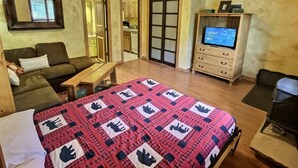 Una habitación acogedora con una cama, un sofá, un televisor y un mueble de madera.