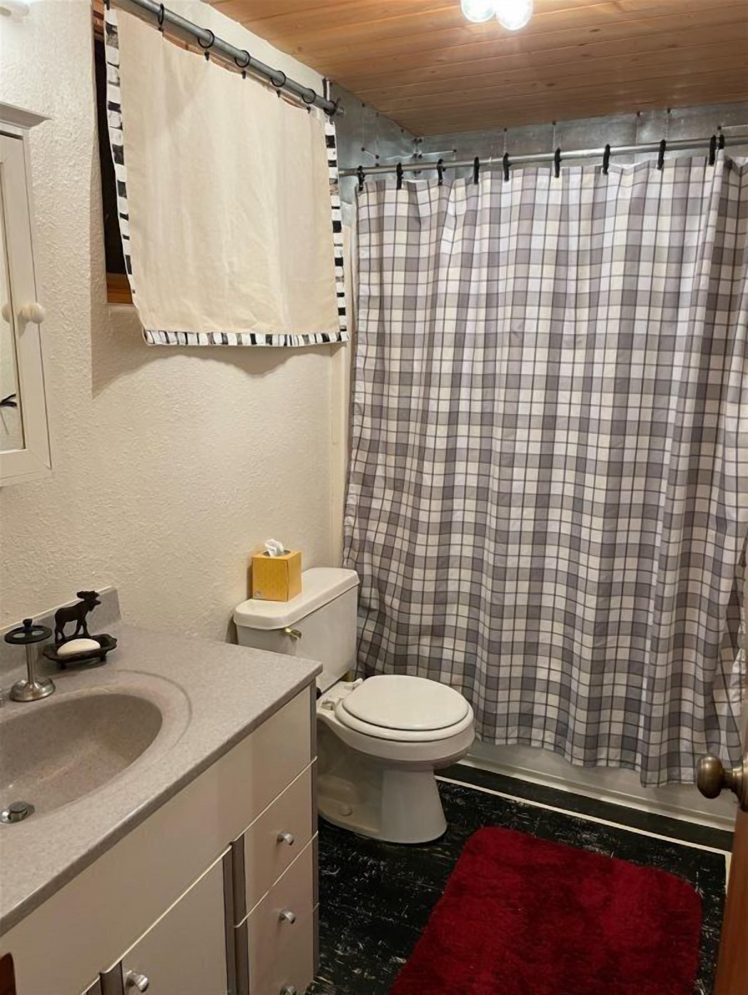 Un baño con inodoro, lavabo y cortina de ducha.