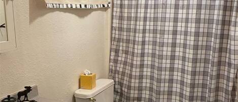 Un baño con inodoro, lavabo y cortina de ducha.