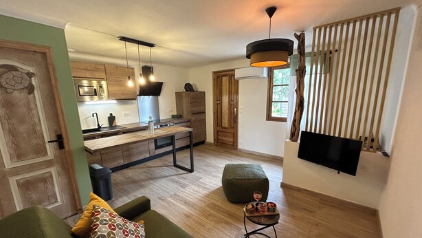 A modern living room with a green sofa, a small side table with a glass, and a TV mounted on the wall. - A 10 mn des Plages, Appartement Refait à Neuf au Cœur D'un Village Authentique (Monacia-d'Aullène)