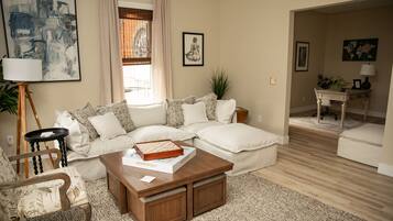 智能电视、壁炉、书、音乐库