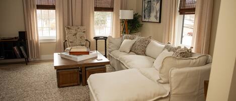 Smart TV, fireplace, books, music library