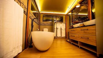 Hair dryer, towels, soap, shampoo