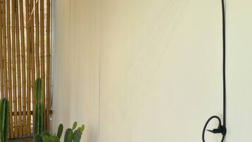 A white wall with a black hose and a bamboo fence.
