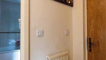 Hair dryer, towels, soap, toilet paper