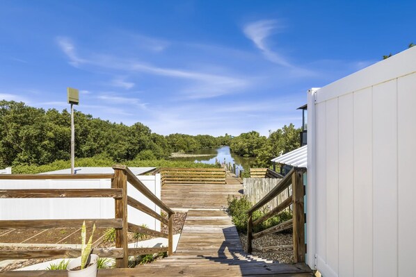 Take the stairs from the upper deck to the second tier deck