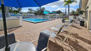 Área de piscina com espreguiçadeiras e guarda-sóis, cercada por um muro branco e palmeiras.