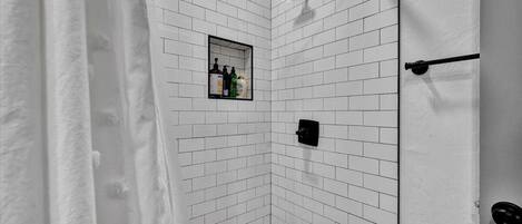 Hair dryer, towels, shampoo, toilet paper