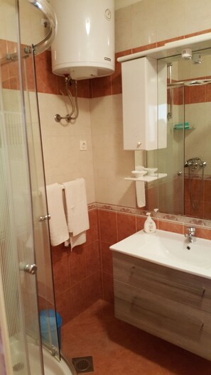 Hair dryer, bidet, towels, soap