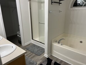 Hair dryer, towels, soap, shampoo