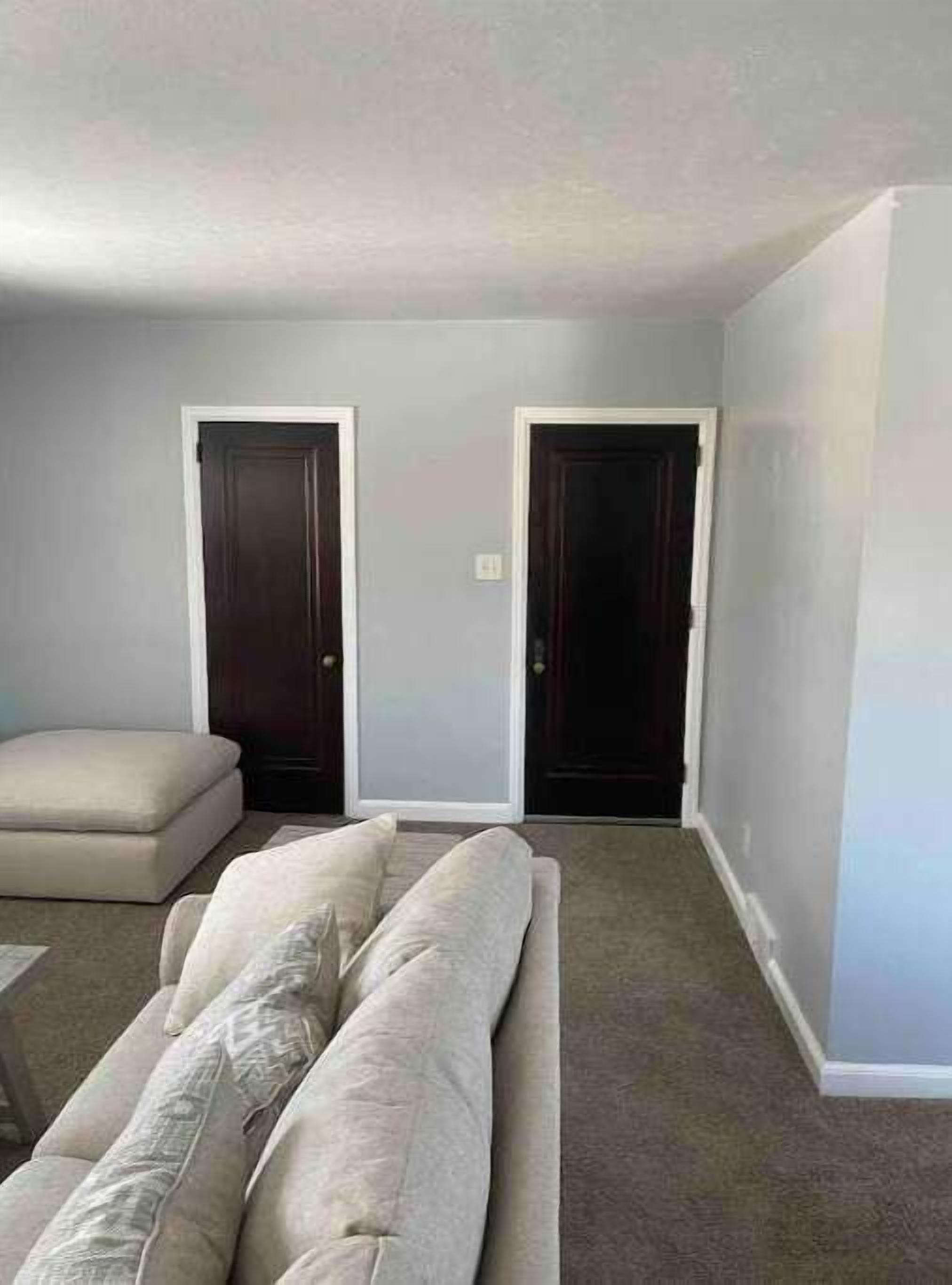 A living room with a beige sofa, a dark brown door, and a light grey wall.