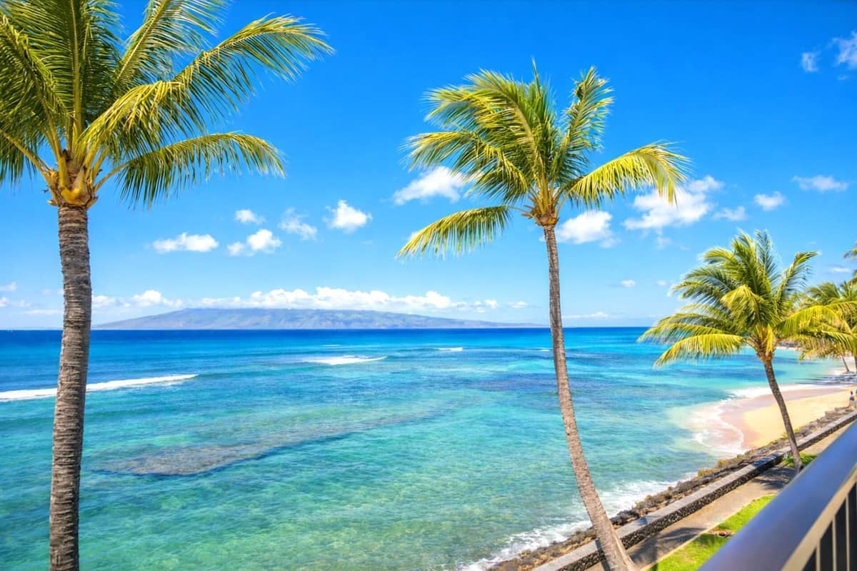 A beach with clear turquoise water, palm trees, and a distant mountain range.