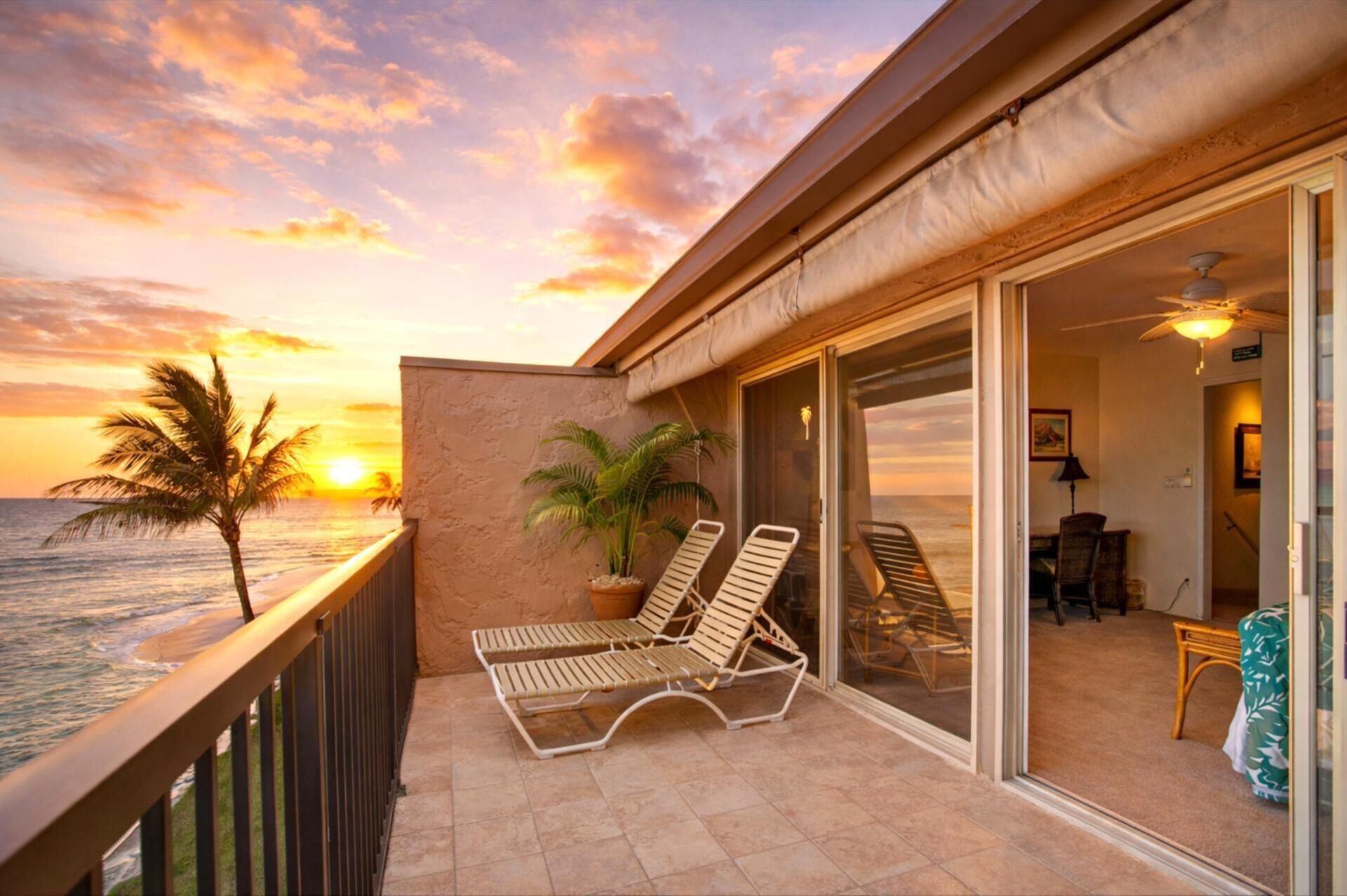 A balcony with two lounge chairs, a potted palm tree, and a view of the ocean at sunset.