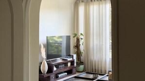 Ein Wohnzimmer mit Fernseher, Pflanze und einem Fenster mit Vorhängen.