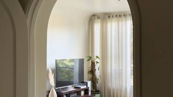 A living room with a TV, a plant, and a window with curtains.