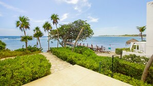 Un sendero que conduce a una playa con palmeras, un muelle de madera y un edificio blanco con techo de paja.