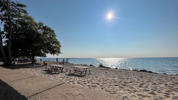 Een strand met picknicktafels en een heldere lucht.