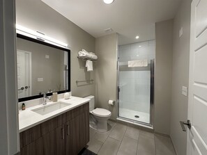Shower, hair dryer, towels