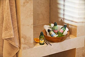 Shower, hair dryer, towels
