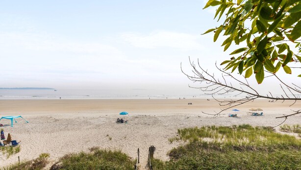 Une plage offrant une vue dégagée sur l’océan, un sentier sablonneux menant à la plage, et quelques éléments de végétation au premier plan.