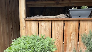 A wooden structure with a wooden fence, a potted plant, and a small tree. - House with garden in the middle of the terraced vineyards of the Cembra Valley (giovo)