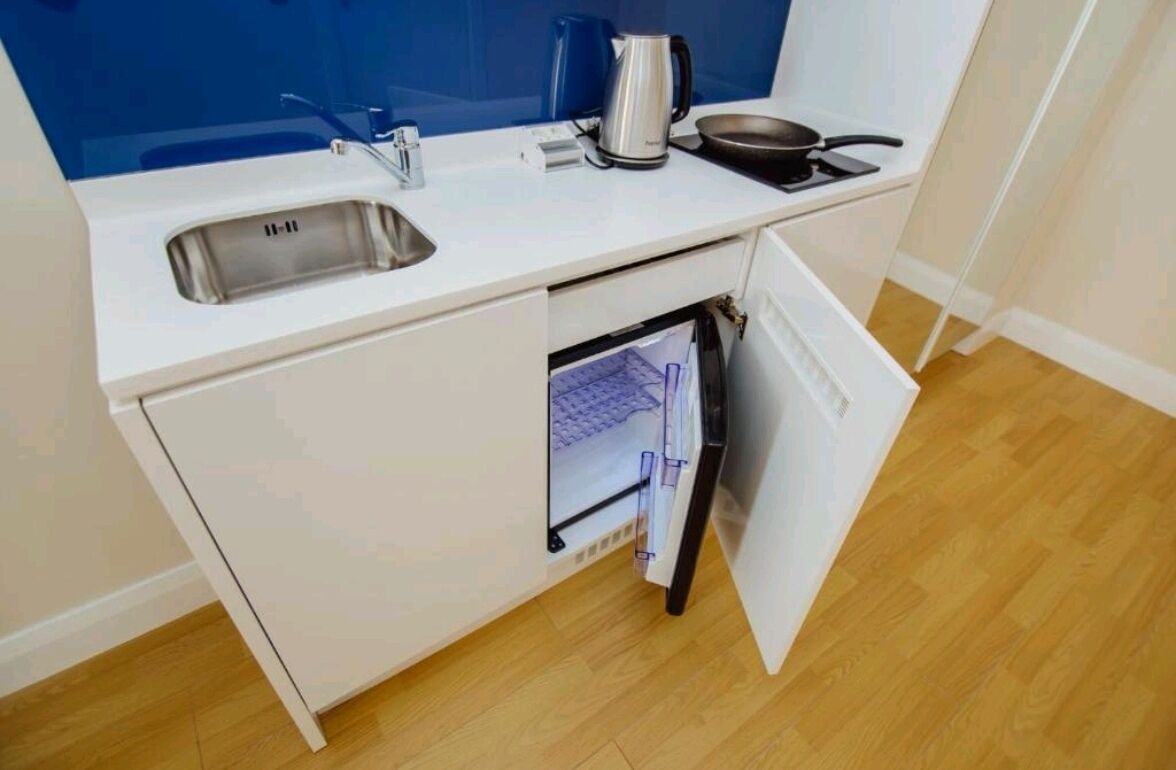 Een kleine keuken met een spoelbak, een waterkoker, een koekenpan en een geïntegreerde vaatwasser.