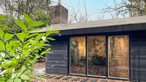 Una casa moderna con chimenea, ventanas amplias y un jardín.